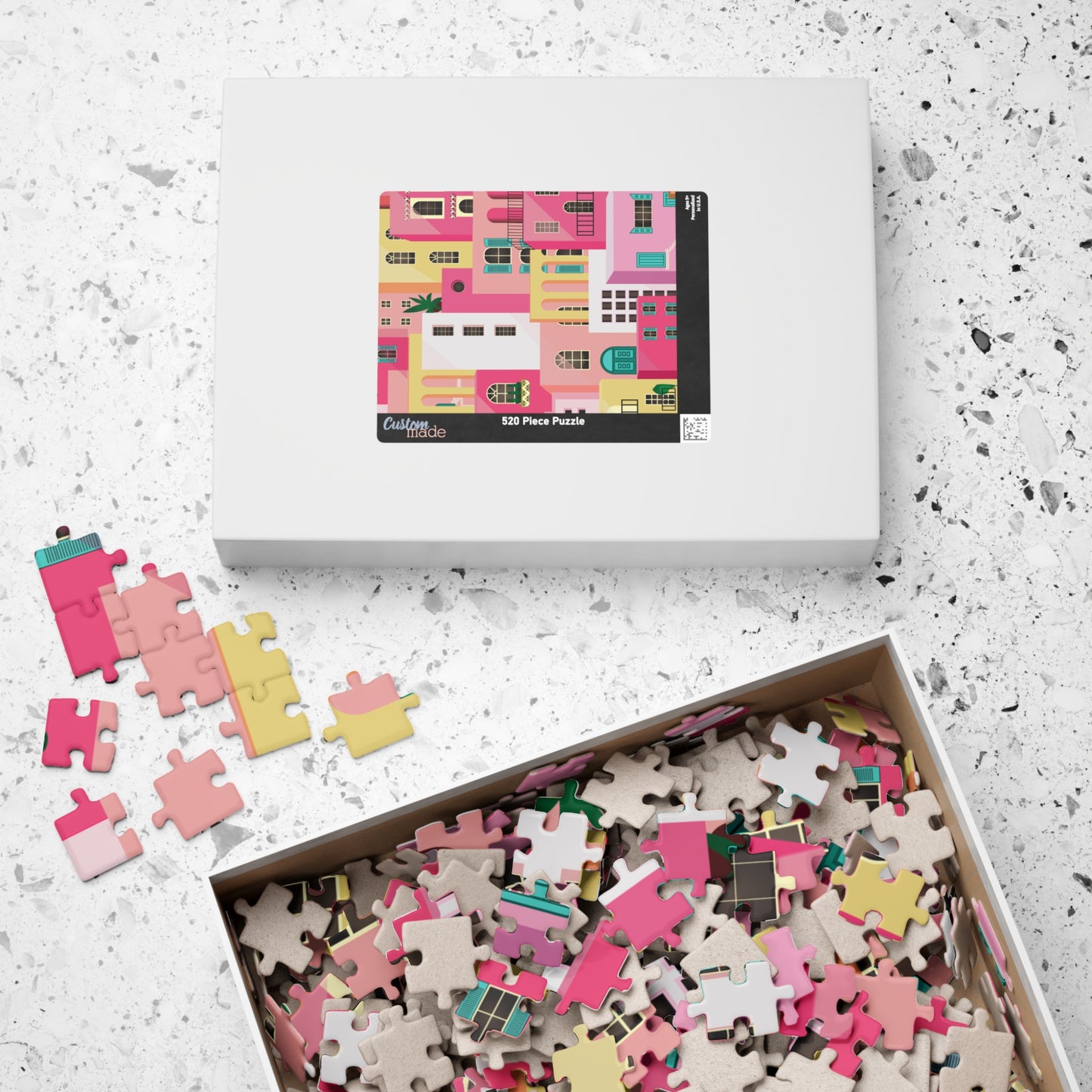 Pink Abstract Mediterranean Houses Puzzle for Adults |Street Colorful Architecture Puzzle Art | Gift for Her