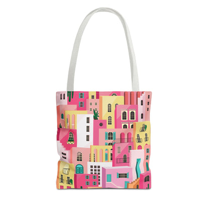 Pink Houses Tote Bag | Print Canvas Bag | Aesthetic Architecture Illustration | Statement Tote