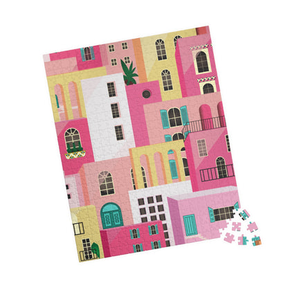 Pink Abstract Mediterranean Houses Puzzle for Adults |Street Colorful Architecture Puzzle Art | Gift for Her