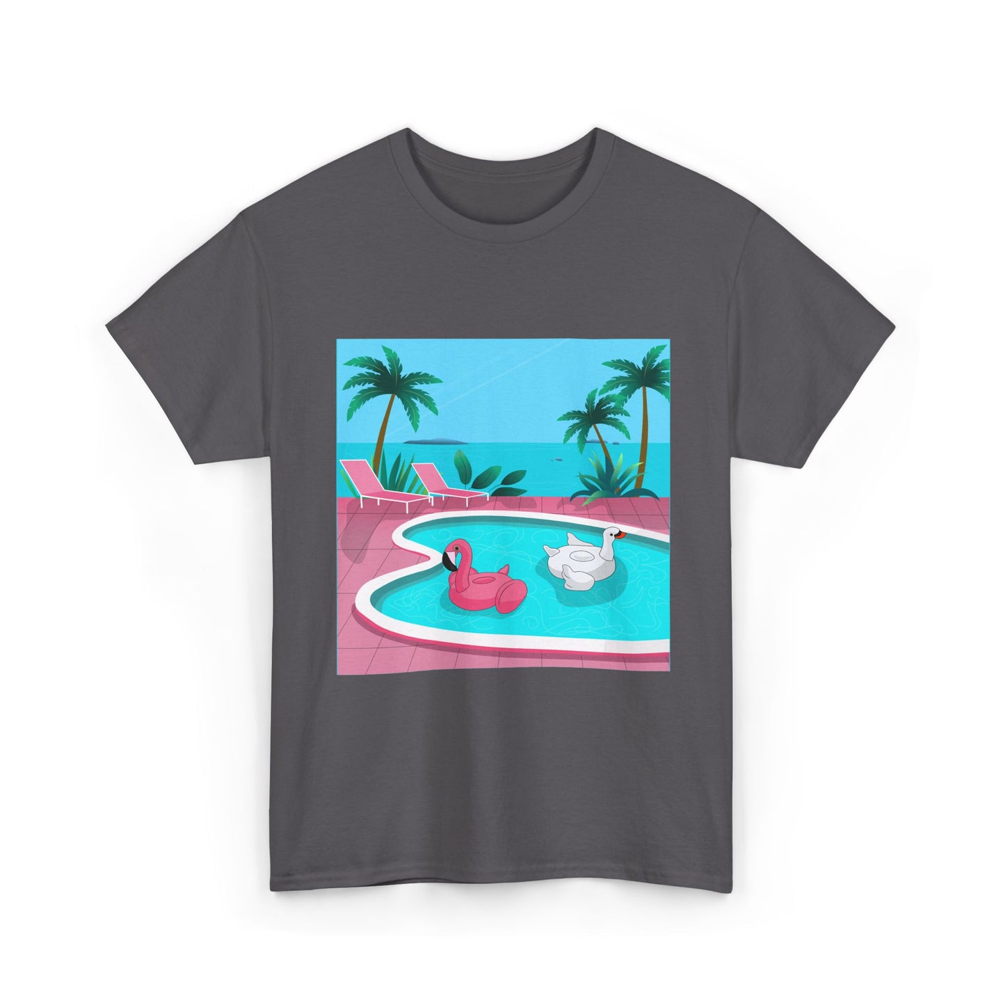 Poolside Vibes T-Shirt - Retro Tropical Flamingo & Swan Pool Graphic