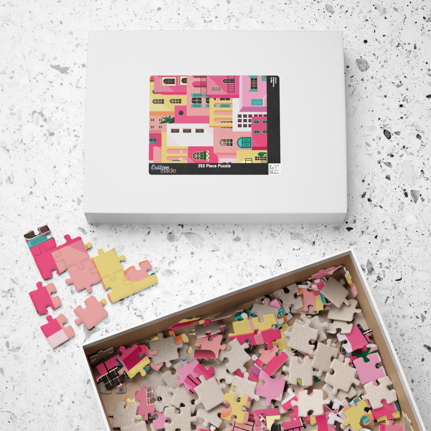 Pink Abstract Mediterranean Houses Puzzle for Adults |Street Colorful Architecture Puzzle Art | Gift for Her