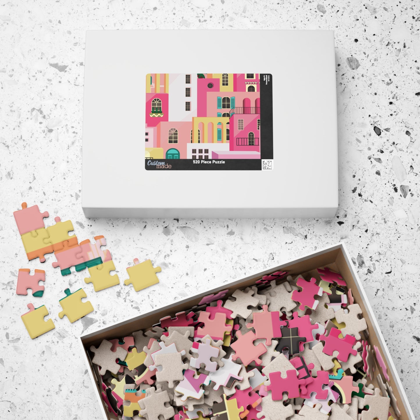 Pink Abstract Mediterranean Houses Puzzle for Adults |Street Colorful Architecture Puzzle Art | Gift for Her