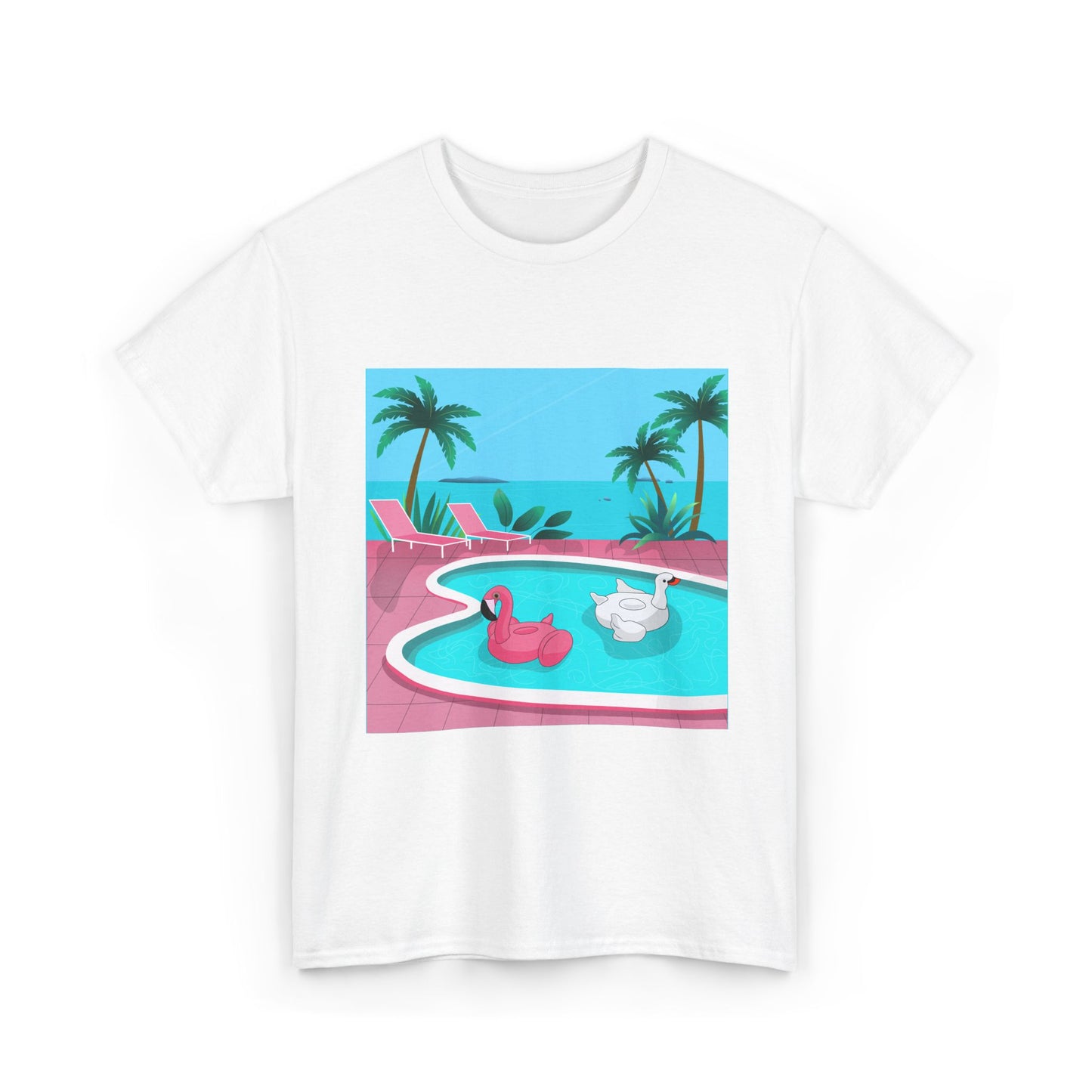 Poolside Vibes T-Shirt - Retro Tropical Flamingo & Swan Pool Graphic