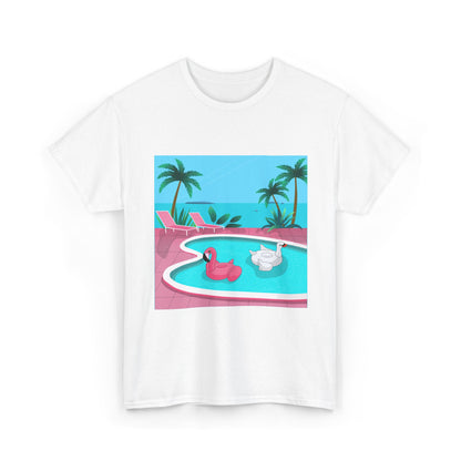 Poolside Vibes T-Shirt - Retro Tropical Flamingo & Swan Pool Graphic