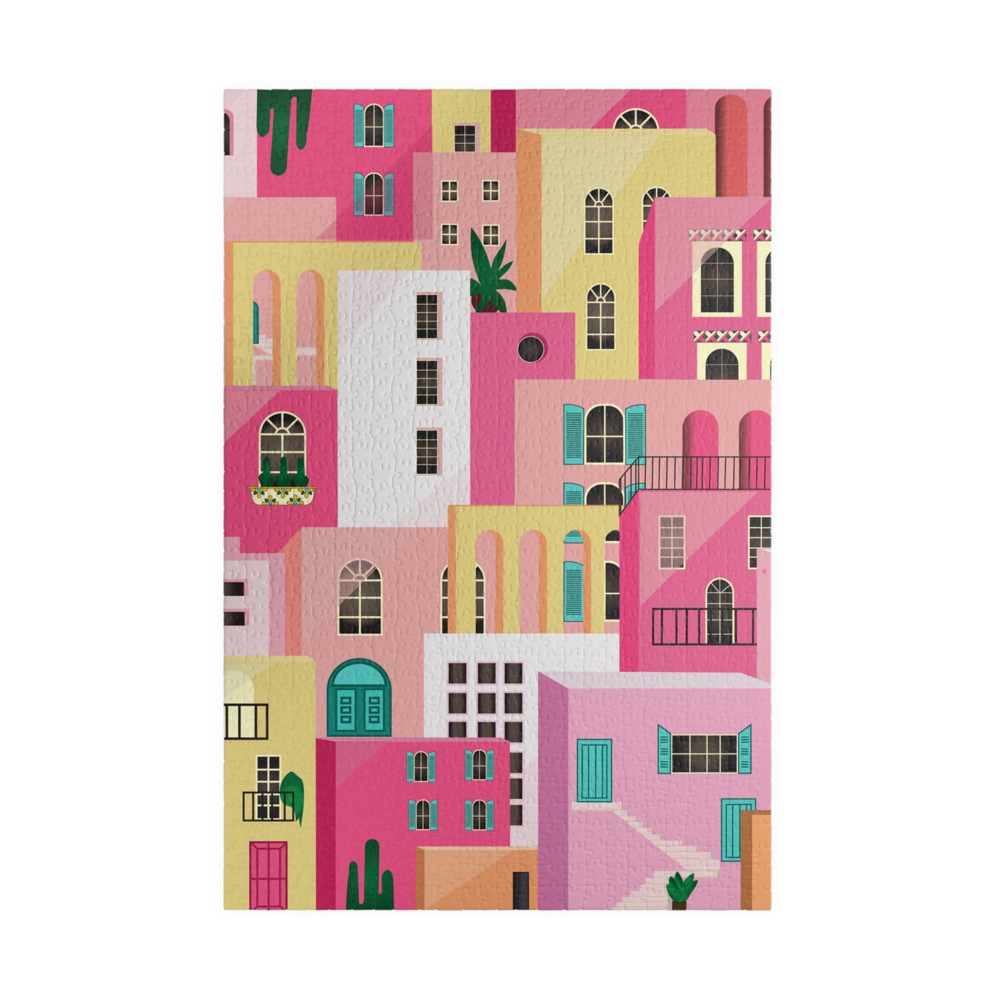 Pink Abstract Mediterranean Houses Puzzle for Adults |Street Colorful Architecture Puzzle Art | Gift for Her