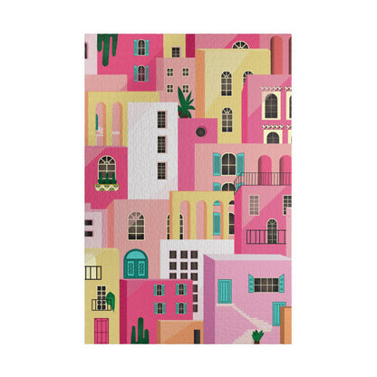 Pink Abstract Mediterranean Houses Puzzle for Adults |Street Colorful Architecture Puzzle Art | Gift for Her