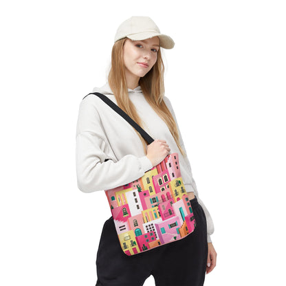 Pink Houses Tote Bag | Print Canvas Bag | Aesthetic Architecture Illustration | Statement Tote