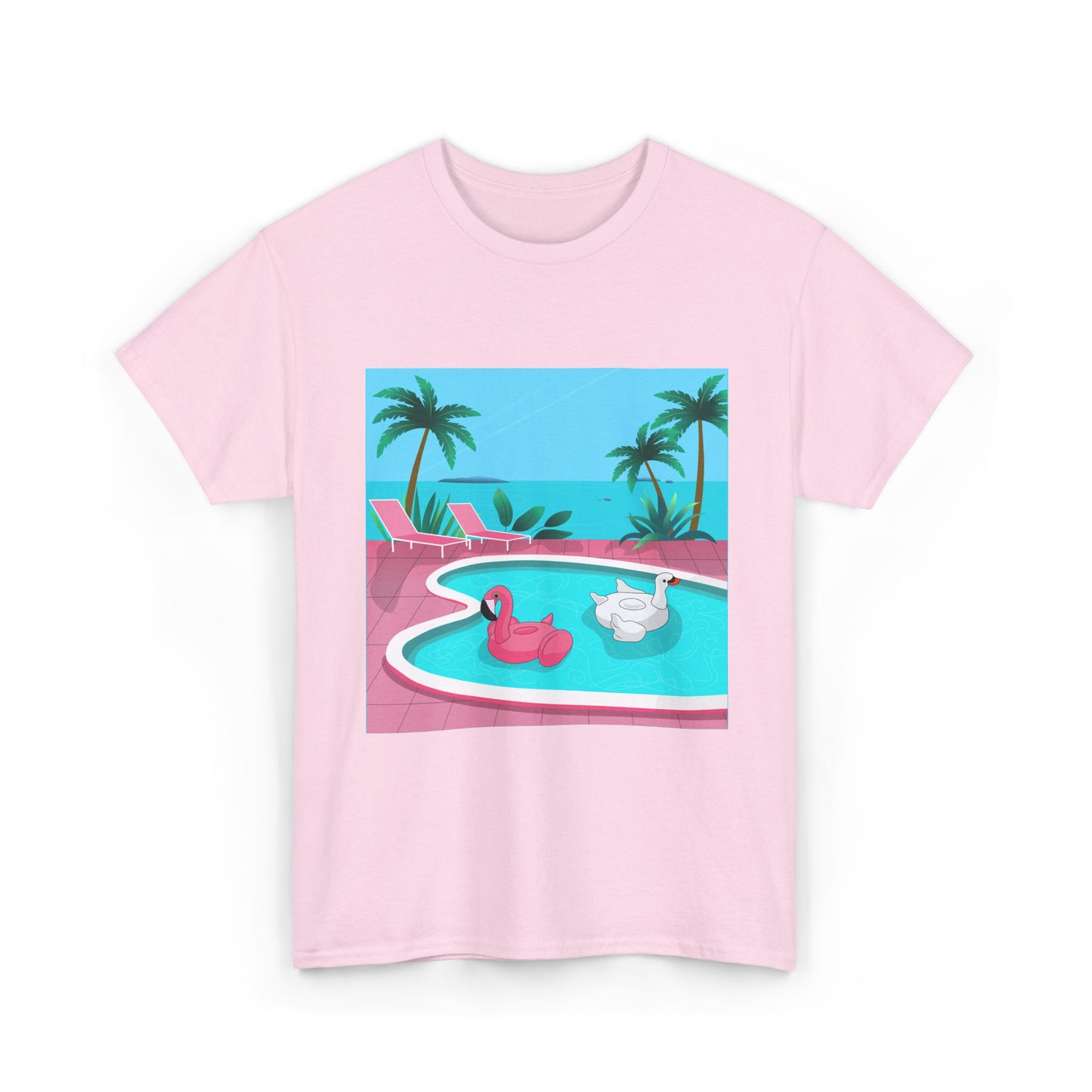 Poolside Vibes T-Shirt - Retro Tropical Flamingo & Swan Pool Graphic