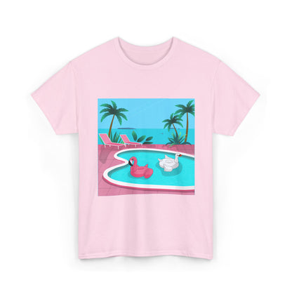 Poolside Vibes T-Shirt - Retro Tropical Flamingo & Swan Pool Graphic