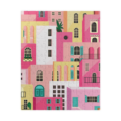 Pink Abstract Mediterranean Houses Puzzle for Adults |Street Colorful Architecture Puzzle Art | Gift for Her