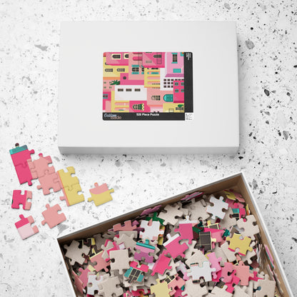 Pink Abstract Mediterranean Houses Puzzle for Adults |Street Colorful Architecture Puzzle Art | Gift for Her
