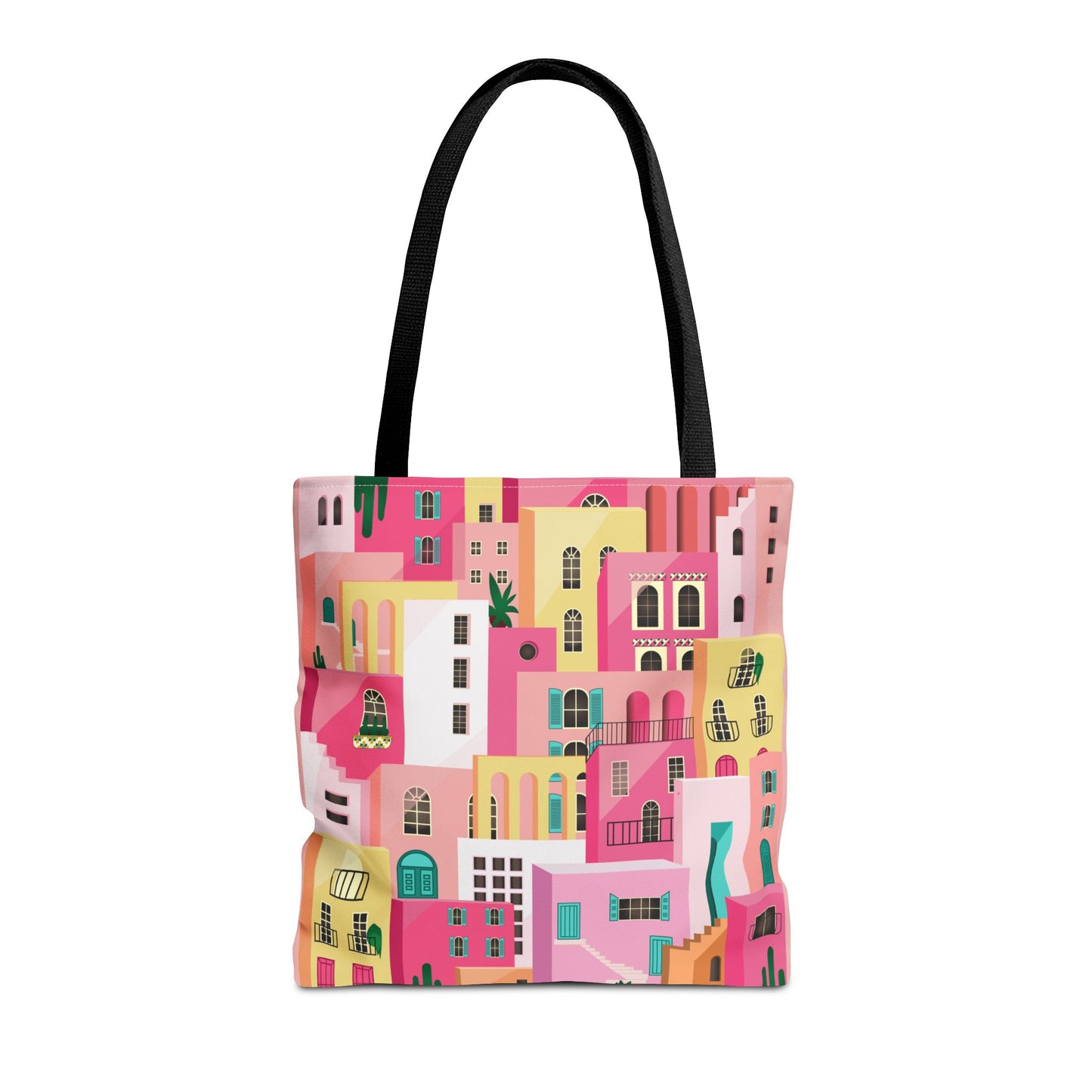 Pink Houses Tote Bag | Print Canvas Bag | Aesthetic Architecture Illustration | Statement Tote