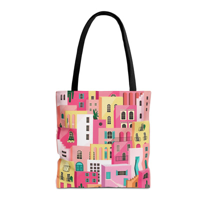 Pink Houses Tote Bag | Print Canvas Bag | Aesthetic Architecture Illustration | Statement Tote