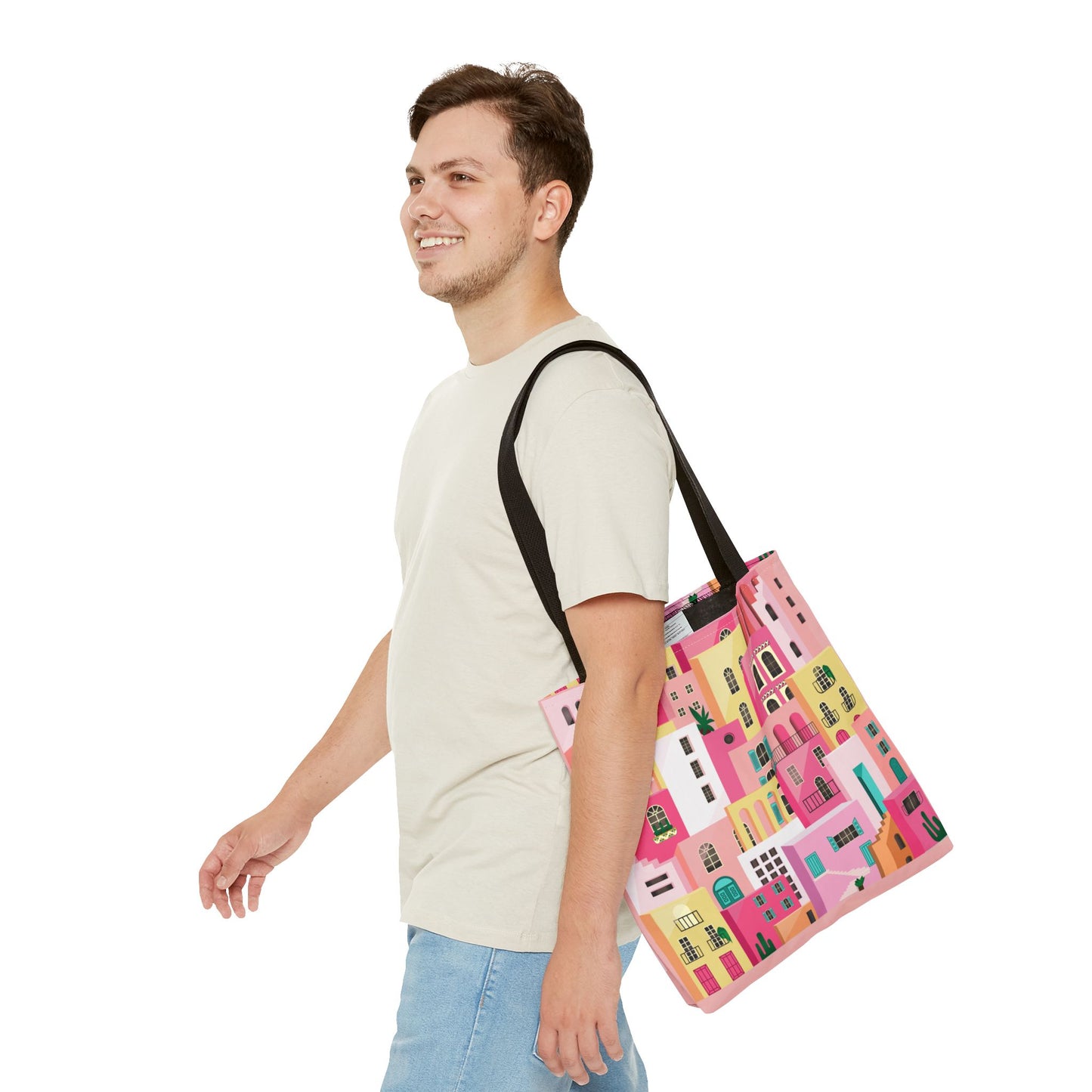 Pink Houses Tote Bag | Print Canvas Bag | Aesthetic Architecture Illustration | Statement Tote