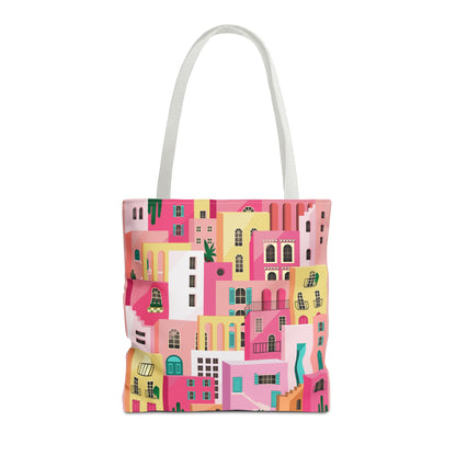 Pink Houses Tote Bag | Print Canvas Bag | Aesthetic Architecture Illustration | Statement Tote