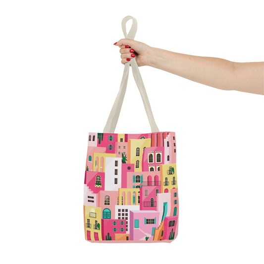 Pink Houses Tote Bag | Print Canvas Bag | Aesthetic Architecture Illustration | Statement Tote