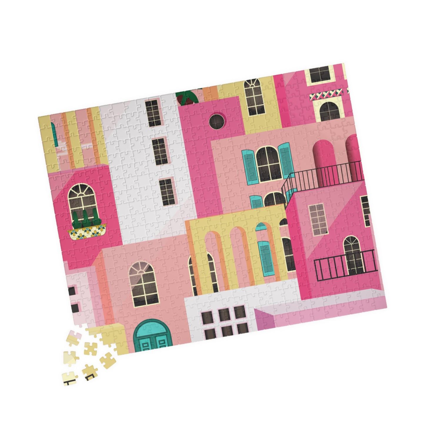 Pink Abstract Mediterranean Houses Puzzle for Adults |Street Colorful Architecture Puzzle Art | Gift for Her