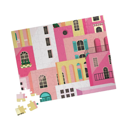 Pink Abstract Mediterranean Houses Puzzle for Adults |Street Colorful Architecture Puzzle Art | Gift for Her