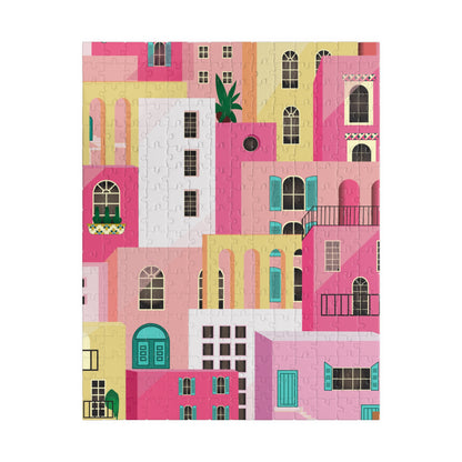Pink Abstract Mediterranean Houses Puzzle for Adults |Street Colorful Architecture Puzzle Art | Gift for Her