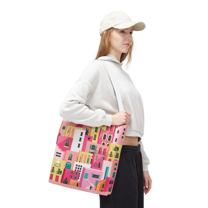 Pink Houses Tote Bag | Print Canvas Bag | Aesthetic Architecture Illustration | Statement Tote