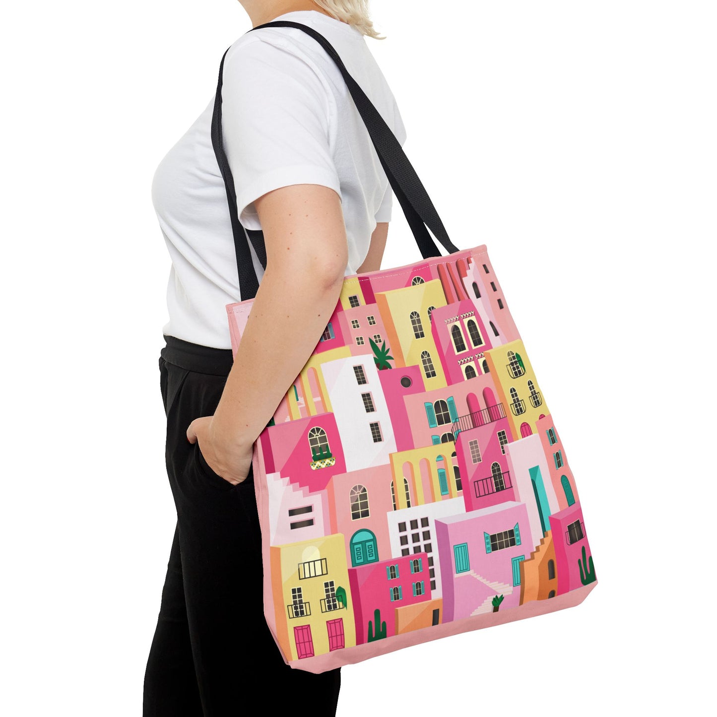 Pink Houses Tote Bag | Print Canvas Bag | Aesthetic Architecture Illustration | Statement Tote