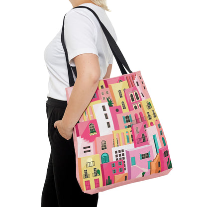 Pink Houses Tote Bag | Print Canvas Bag | Aesthetic Architecture Illustration | Statement Tote