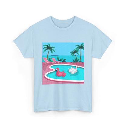 Poolside Vibes T-Shirt - Retro Tropical Flamingo & Swan Pool Graphic