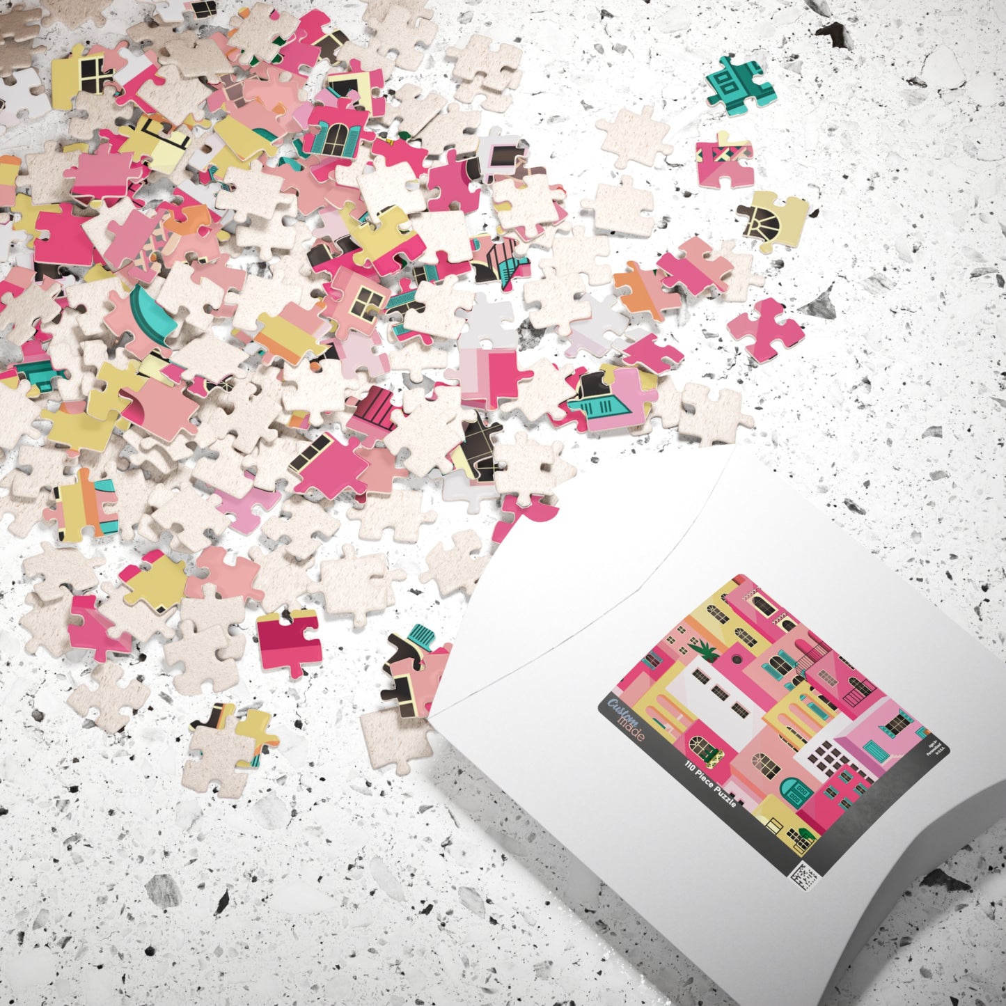 Pink Abstract Mediterranean Houses Puzzle for Adults |Street Colorful Architecture Puzzle Art | Gift for Her