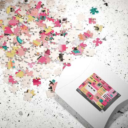 Pink Abstract Mediterranean Houses Puzzle for Adults |Street Colorful Architecture Puzzle Art | Gift for Her