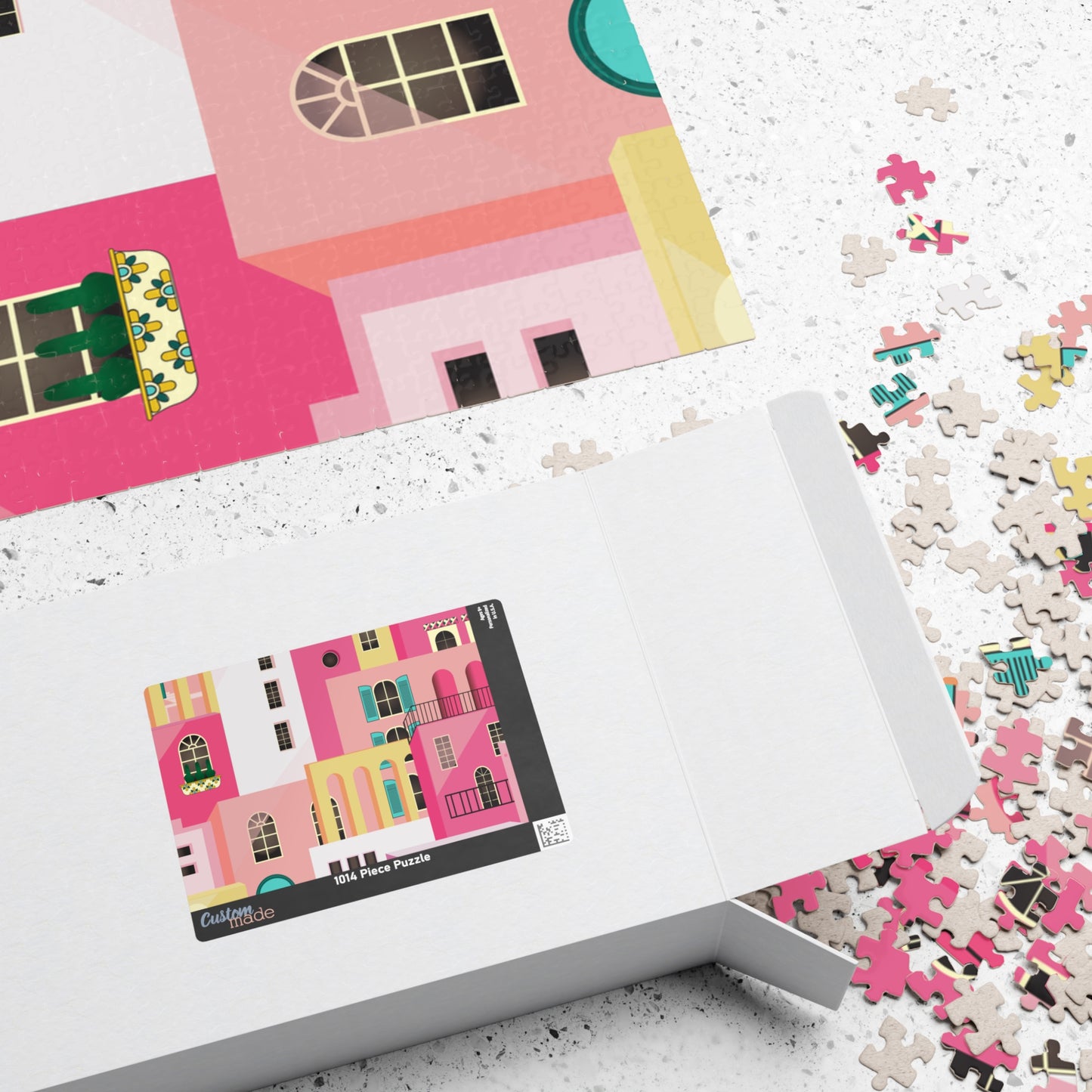 Pink Abstract Mediterranean Houses Puzzle for Adults |Street Colorful Architecture Puzzle Art | Gift for Her
