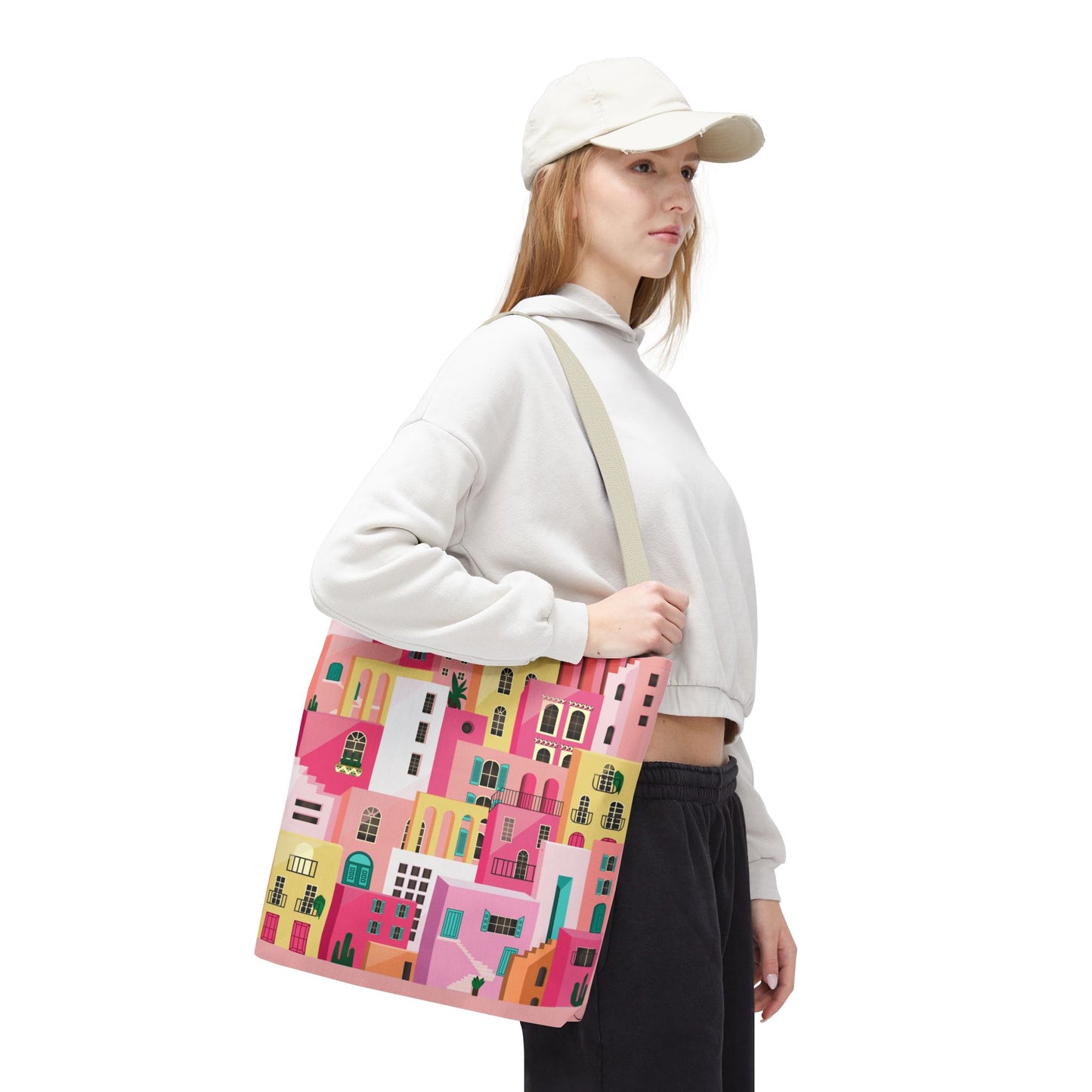 Pink Houses Tote Bag | Print Canvas Bag | Aesthetic Architecture Illustration | Statement Tote