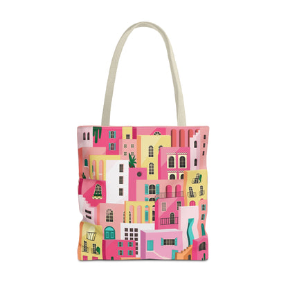 Pink Houses Tote Bag | Print Canvas Bag | Aesthetic Architecture Illustration | Statement Tote