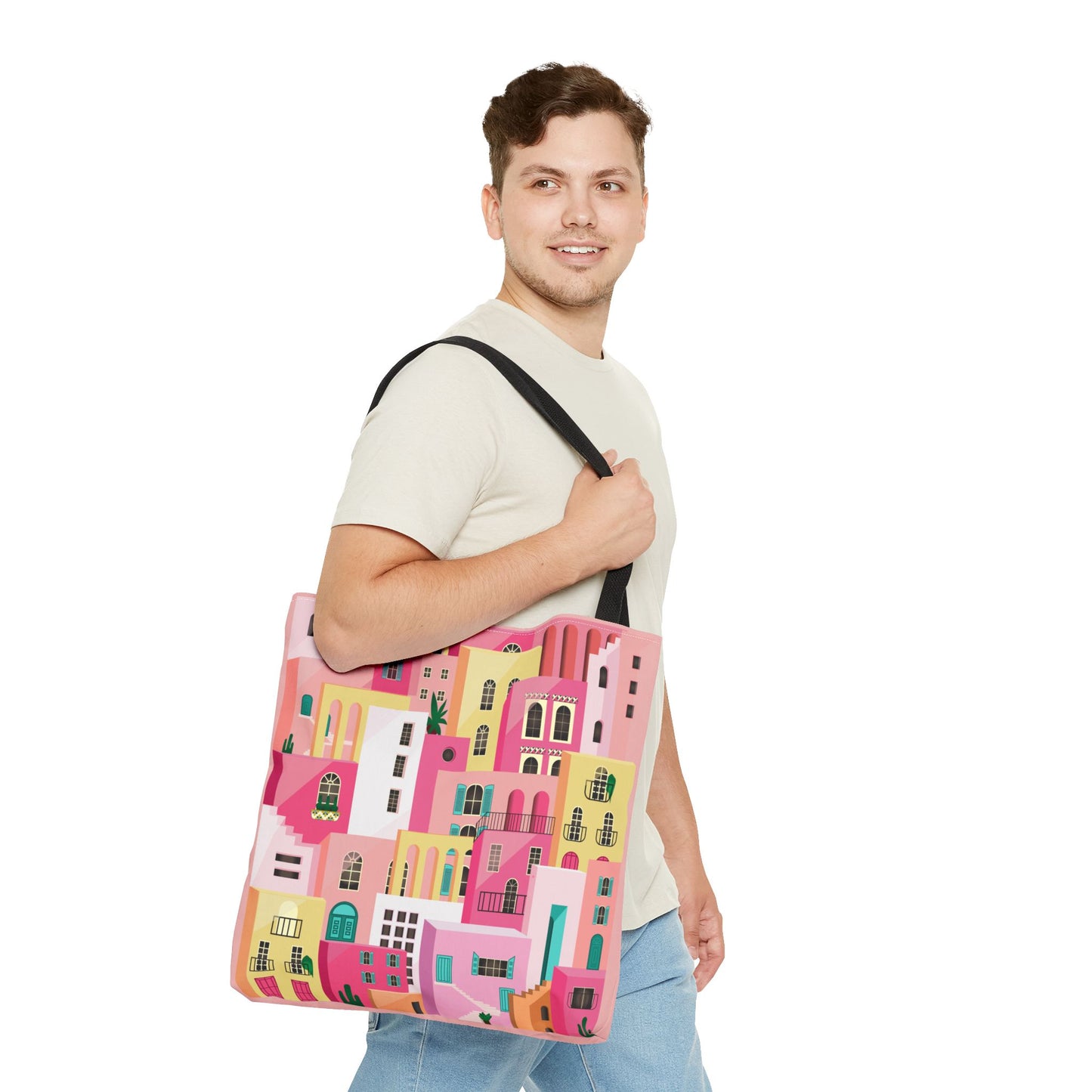 Pink Houses Tote Bag | Print Canvas Bag | Aesthetic Architecture Illustration | Statement Tote