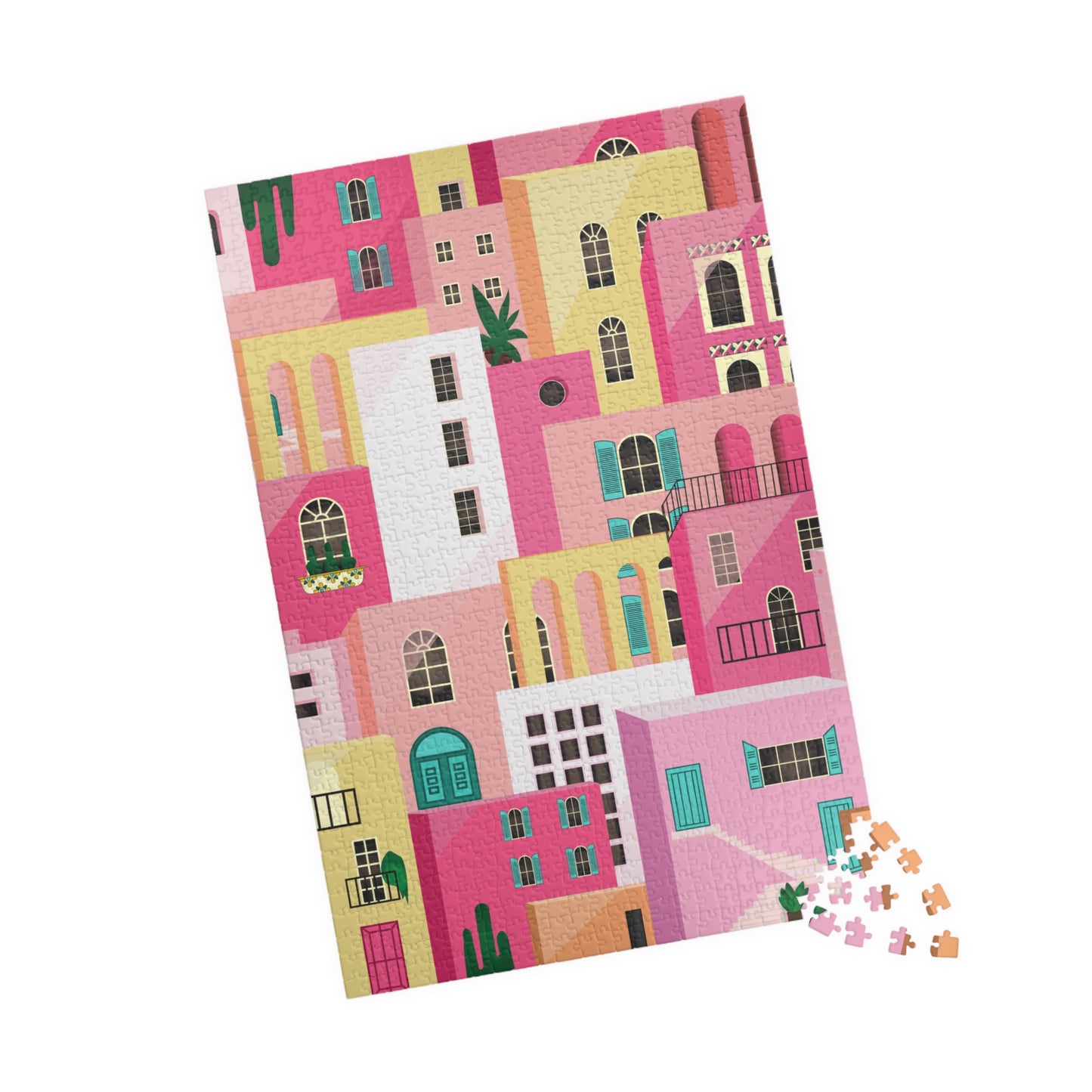 Pink Abstract Mediterranean Houses Puzzle for Adults |Street Colorful Architecture Puzzle Art | Gift for Her