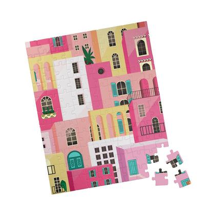 Pink Abstract Mediterranean Houses Puzzle for Adults |Street Colorful Architecture Puzzle Art | Gift for Her