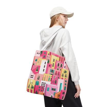 Pink Houses Tote Bag | Print Canvas Bag | Aesthetic Architecture Illustration | Statement Tote