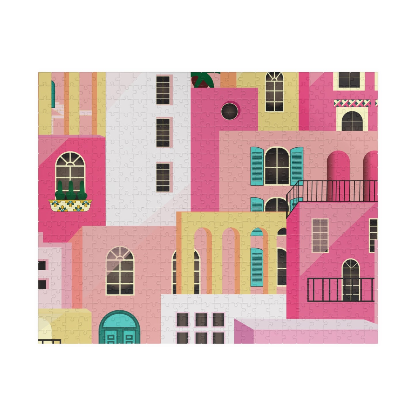 Pink Abstract Mediterranean Houses Puzzle for Adults |Street Colorful Architecture Puzzle Art | Gift for Her