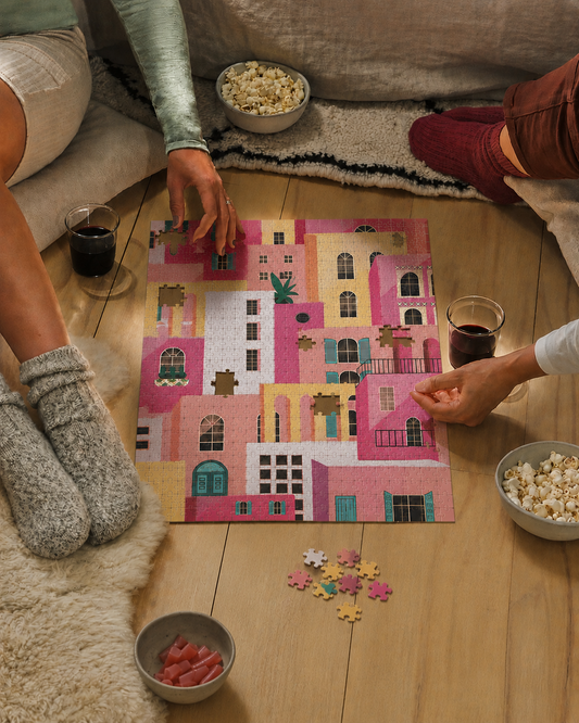 Pink Abstract Mediterranean Houses Puzzle for Adults |Street Colorful Architecture Puzzle Art | Gift for Her