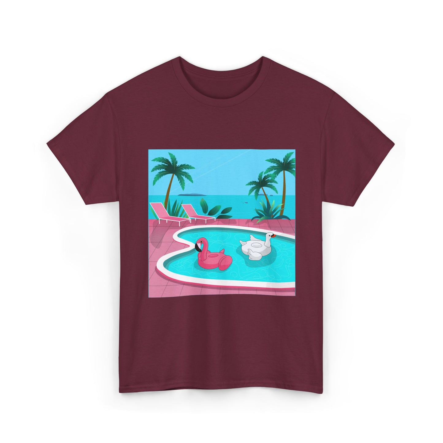 Poolside Vibes T-Shirt - Retro Tropical Flamingo & Swan Pool Graphic