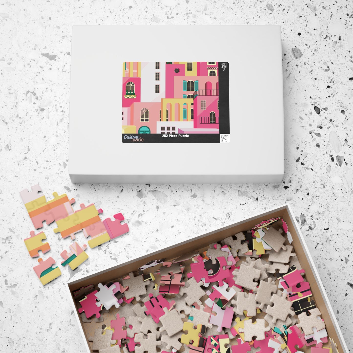 Pink Abstract Mediterranean Houses Puzzle for Adults |Street Colorful Architecture Puzzle Art | Gift for Her