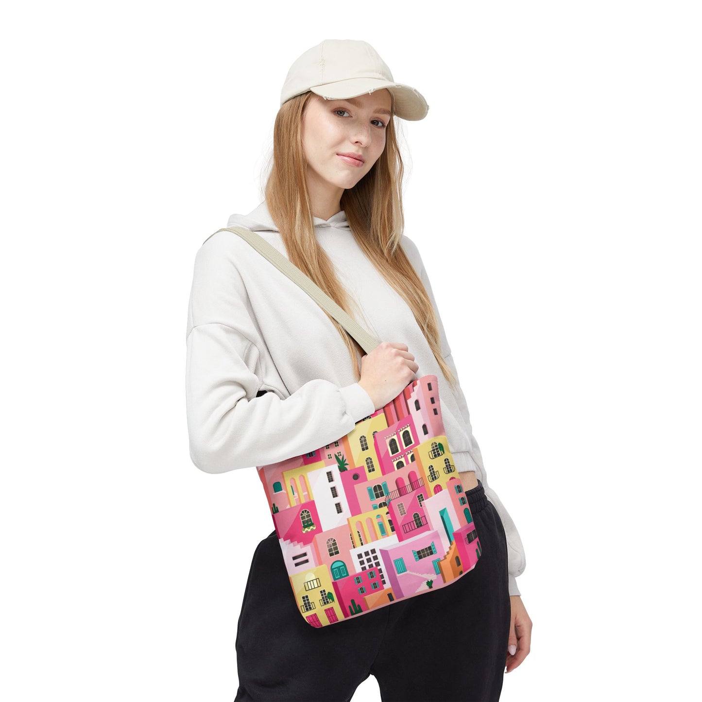 Pink Houses Tote Bag | Print Canvas Bag | Aesthetic Architecture Illustration | Statement Tote
