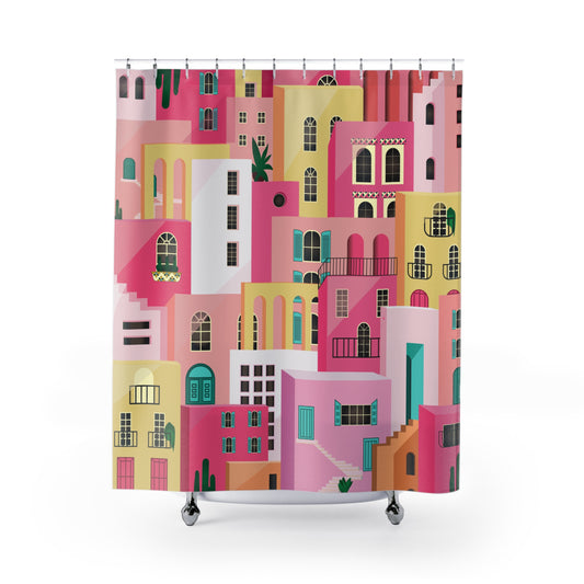 Pink Houses Shower Curtain | Bathroom Decor | Colorful Aesthetic | Maximalist Bathroom