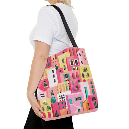 Pink Houses Tote Bag | Print Canvas Bag | Aesthetic Architecture Illustration | Statement Tote