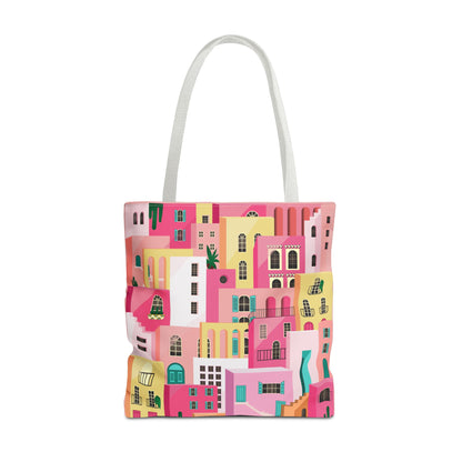 Pink Houses Tote Bag | Print Canvas Bag | Aesthetic Architecture Illustration | Statement Tote