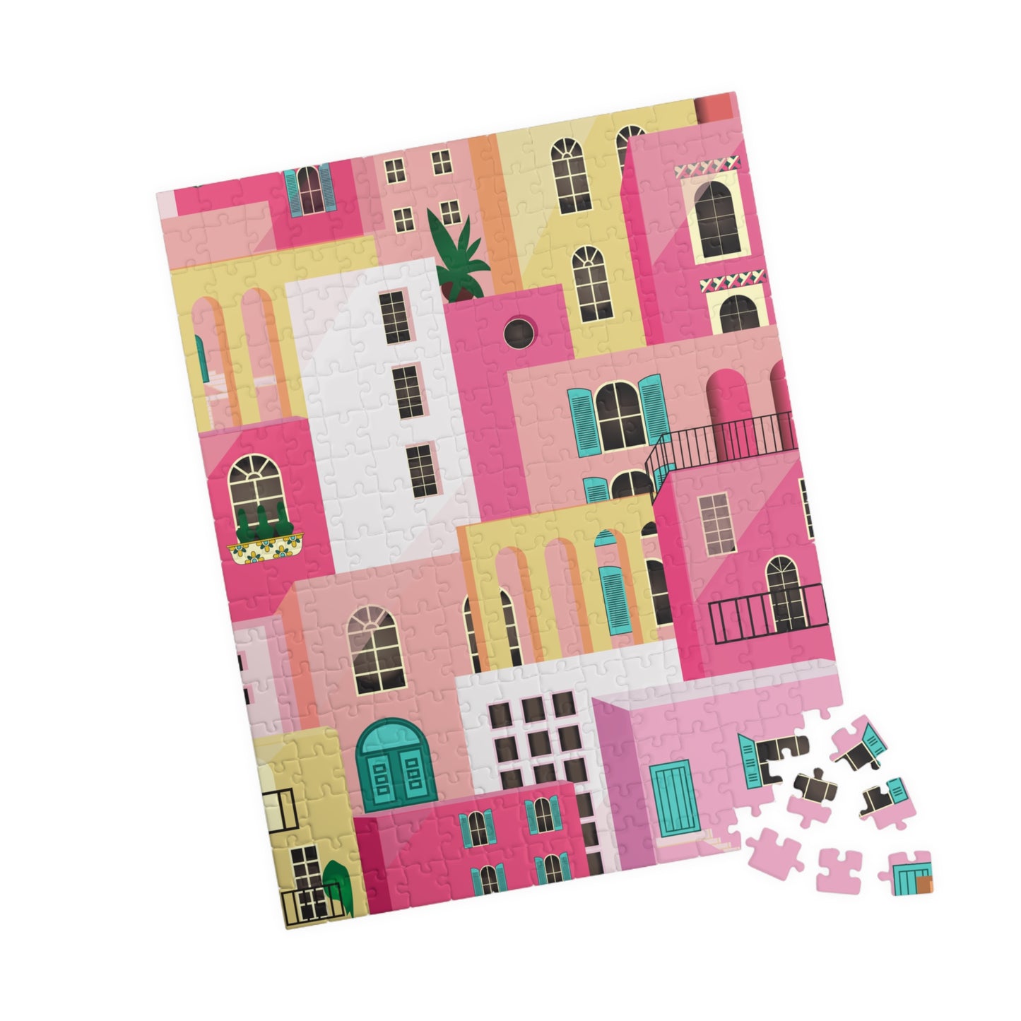 Pink Abstract Mediterranean Houses Puzzle for Adults |Street Colorful Architecture Puzzle Art | Gift for Her