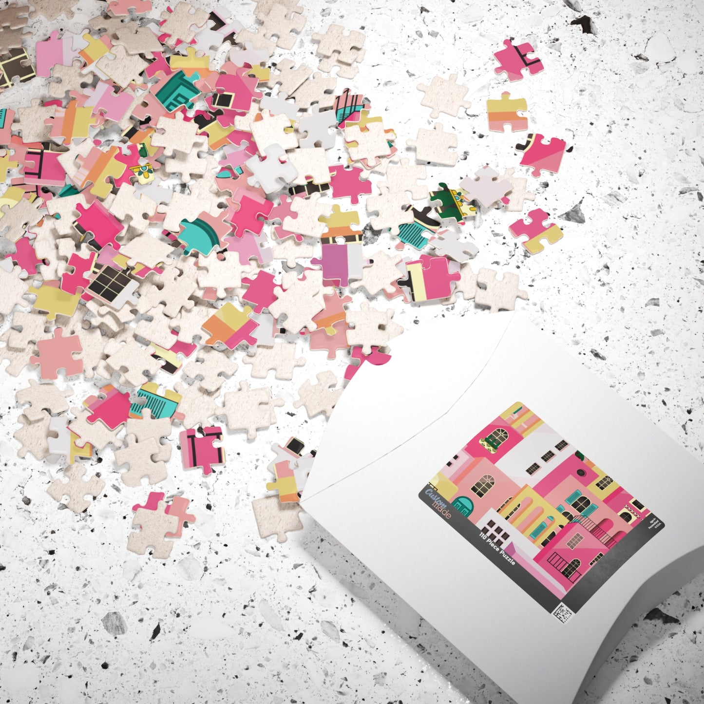 Pink Abstract Mediterranean Houses Puzzle for Adults |Street Colorful Architecture Puzzle Art | Gift for Her