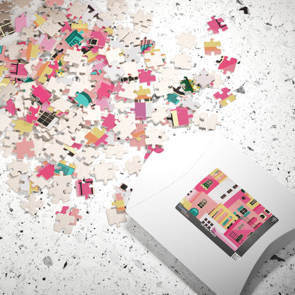 Pink Abstract Mediterranean Houses Puzzle for Adults |Street Colorful Architecture Puzzle Art | Gift for Her