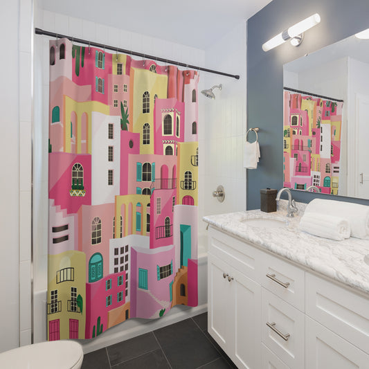 Pink Houses Shower Curtain | Bathroom Decor | Colorful Aesthetic | Maximalist Bathroom