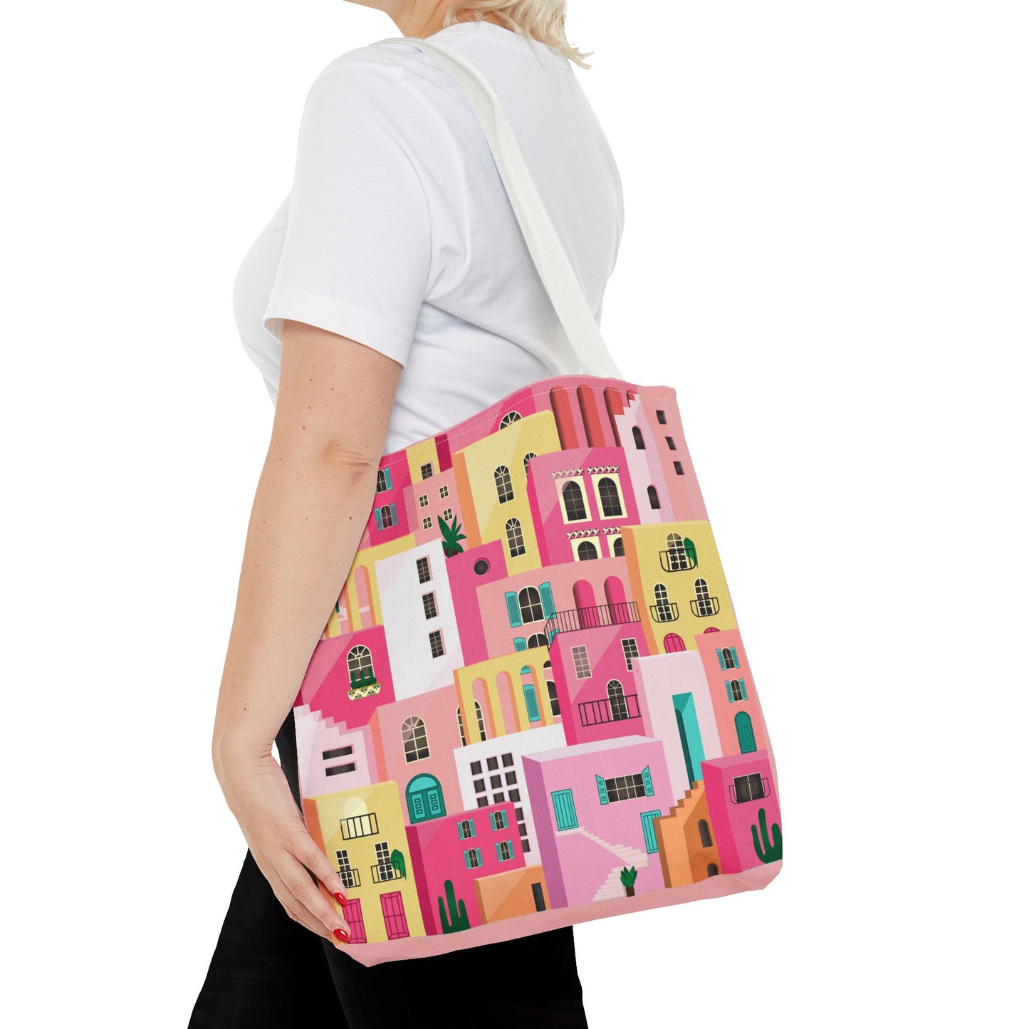 Pink Houses Tote Bag | Print Canvas Bag | Aesthetic Architecture Illustration | Statement Tote