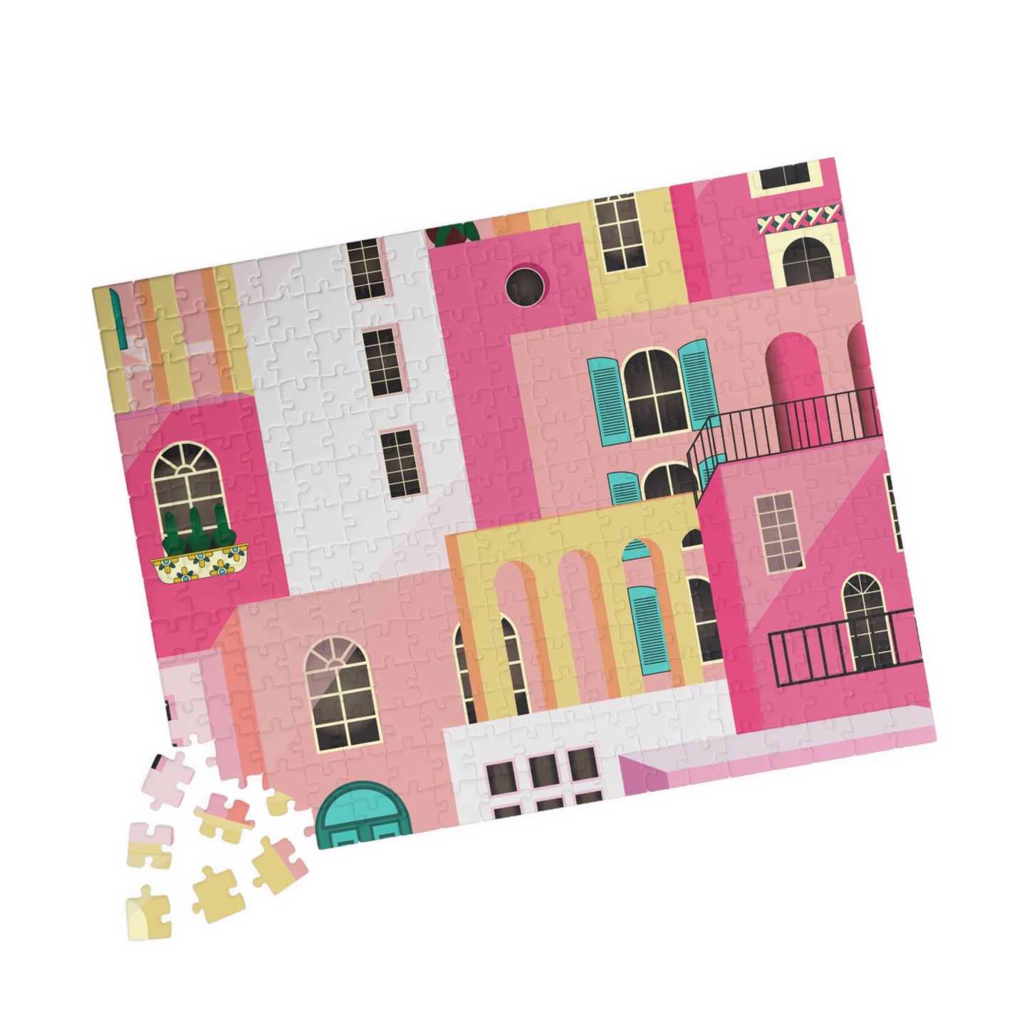 Pink Abstract Mediterranean Houses Puzzle for Adults |Street Colorful Architecture Puzzle Art | Gift for Her